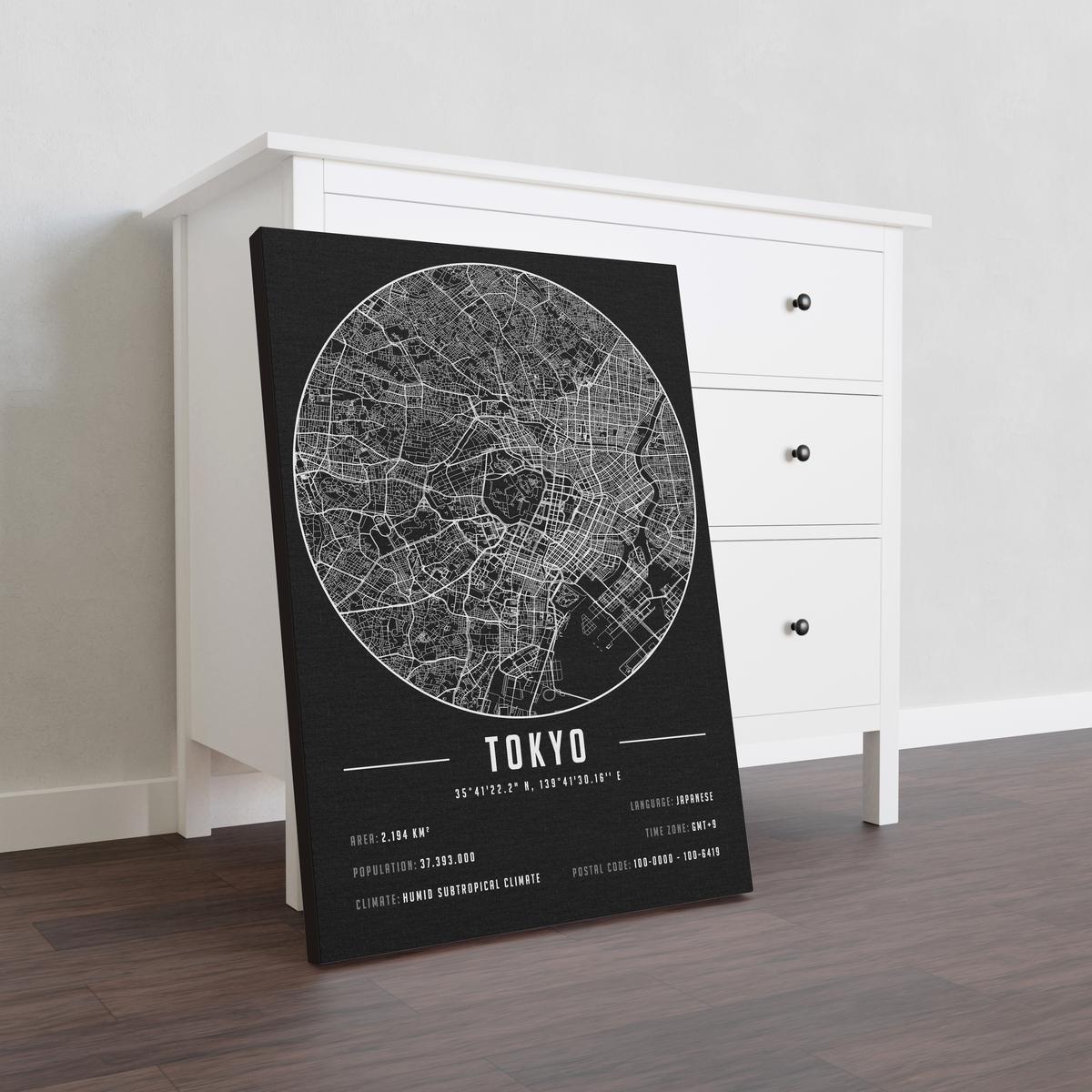 Tokyo temalı kanvas tablo, 50x70 cm, siyah beyaz, ahşap çerçeveli, modern minimalist duvar dekorasyonu için ideal tasarım