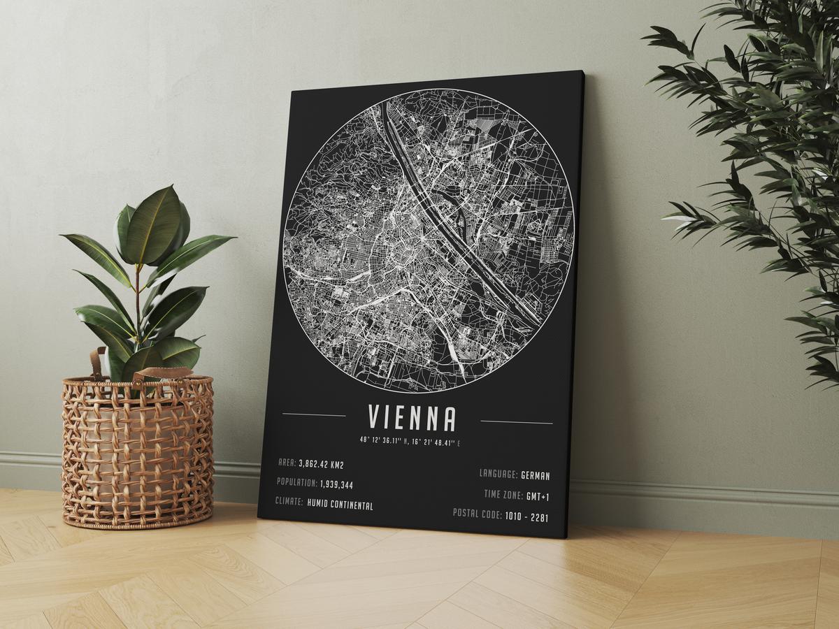 Vienna temalı kanvas tablo, 50x70 cm, siyah beyaz, ahşap çerçeveli, modern minimalist duvar dekorasyonu için ideal tasarım