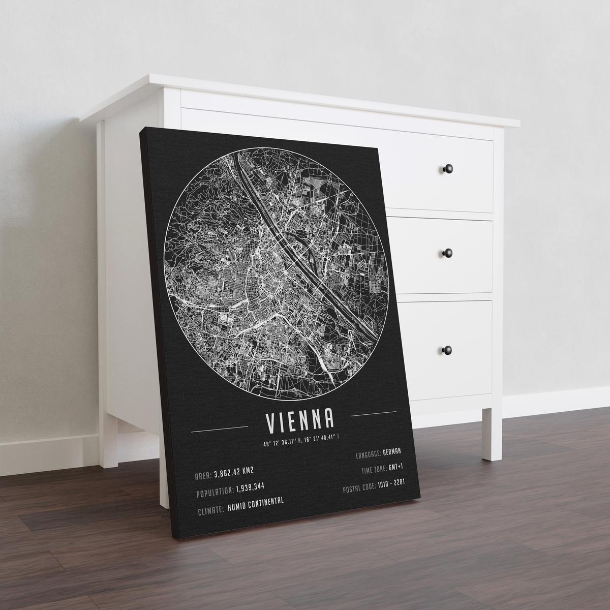 Vienna temalı kanvas tablo, 50x70 cm, siyah beyaz, ahşap çerçeveli, modern minimalist duvar dekorasyonu için ideal tasarım