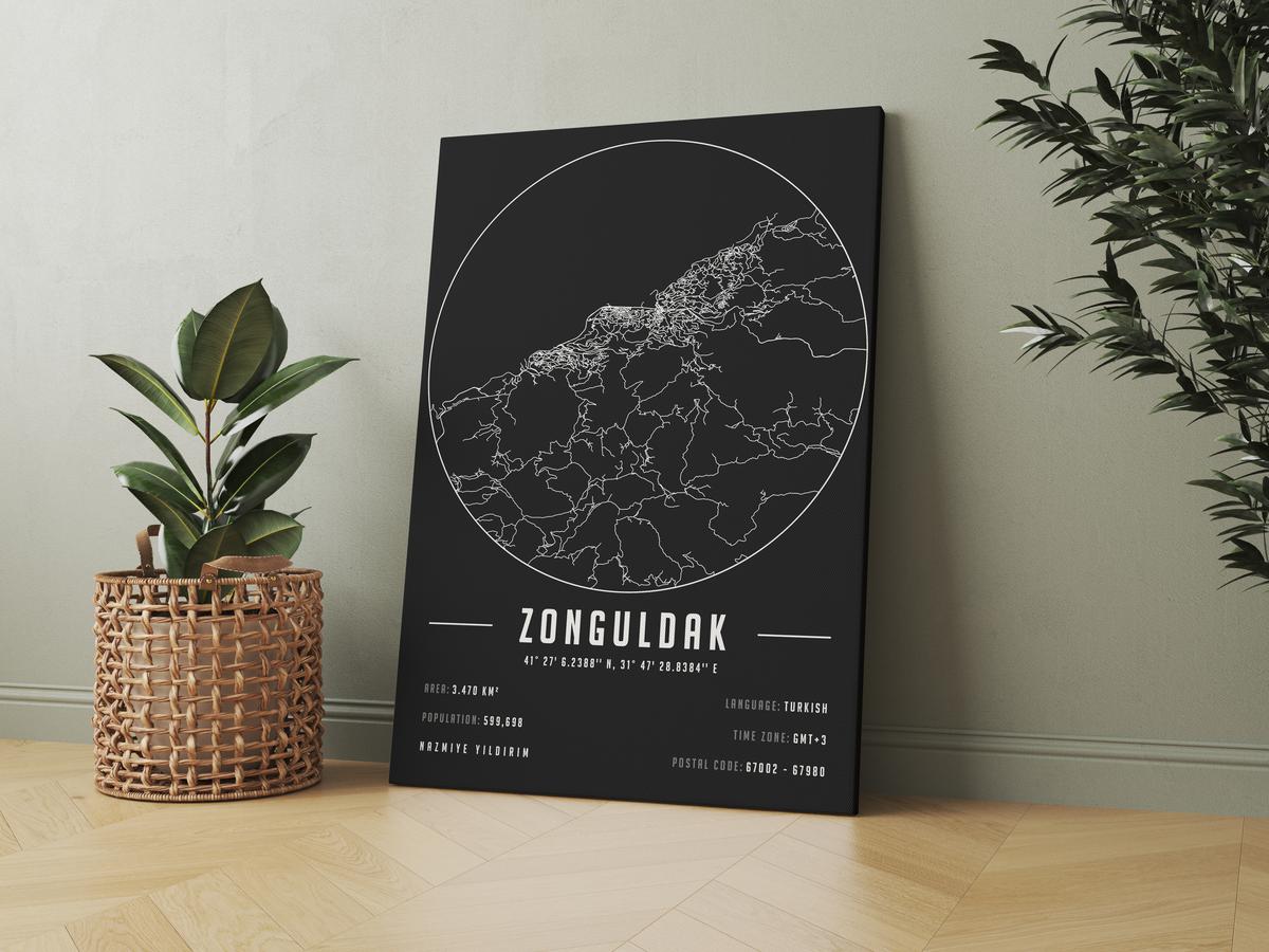 Zonguldak temalı kanvas tablo, 50x70 cm, siyah beyaz, ahşap çerçeveli, modern minimalist duvar dekorasyonu için ideal tasarım