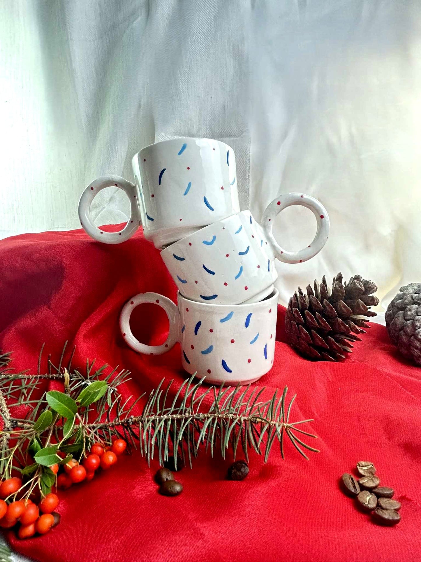 Yılbaşı Temalı Renkli Noel Şekerleri Tasarım El Yapımı Kulplu Gıdaya Uygun Sırlanmış Fırınlanmış Seramik Kupa Bardak