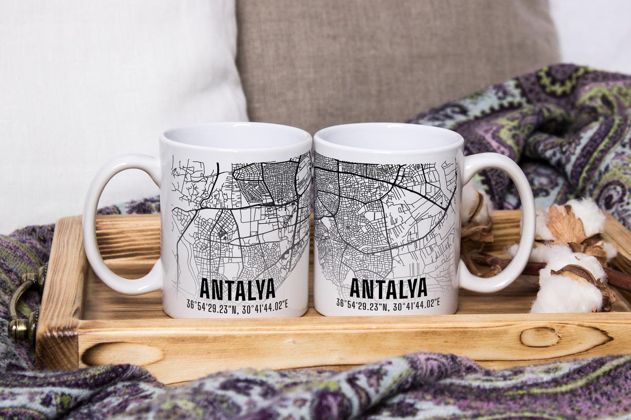 Antalya Şehir Haritası Baskılı Porselen Kupa Bardak