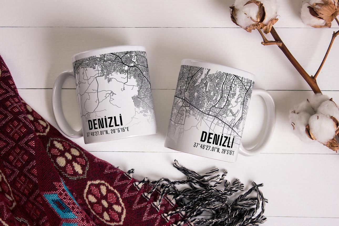 Denizli Şehir Haritası Baskılı Porselen Kupa Bardak