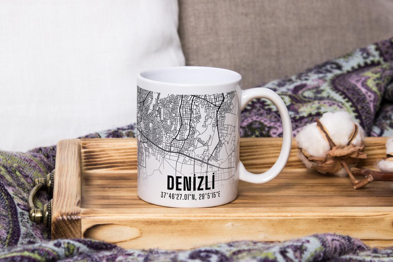 Denizli Şehir Haritası Baskılı Porselen Kupa Bardak