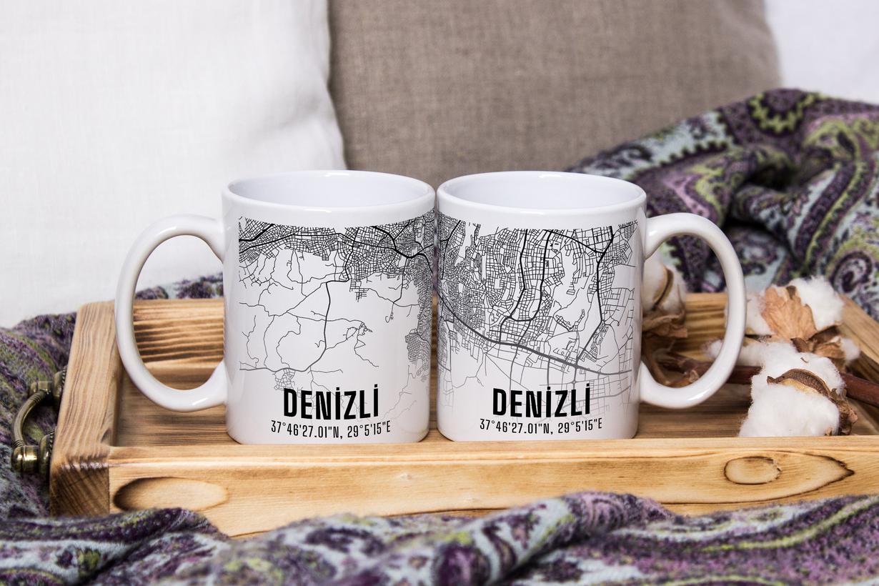 Denizli Şehir Haritası Baskılı Porselen Kupa Bardak