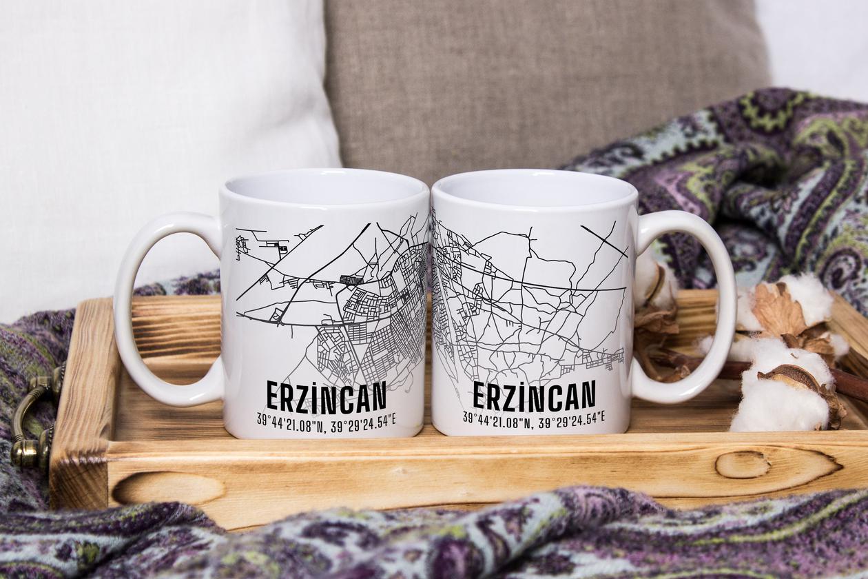 Erzincan Şehir Haritası Baskılı Porselen Kupa Bardak