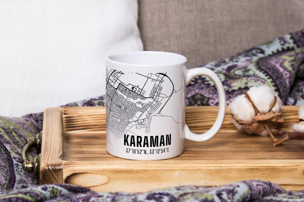 Karaman Şehir Haritası Baskılı Porselen Kupa Bardak