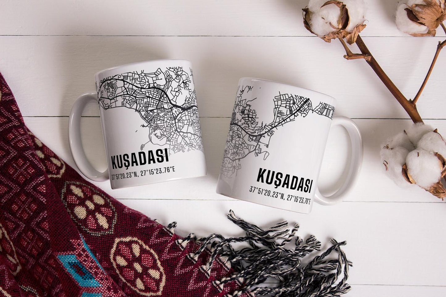 Kuşadası Şehir Haritası Baskılı Porselen Kupa Bardak
