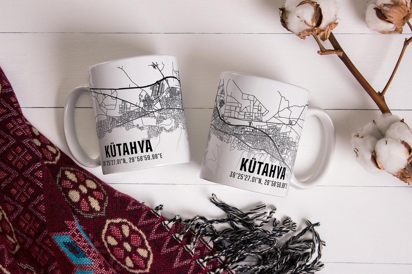 Kütahya Şehir Haritası Baskılı Porselen Kupa Bardak