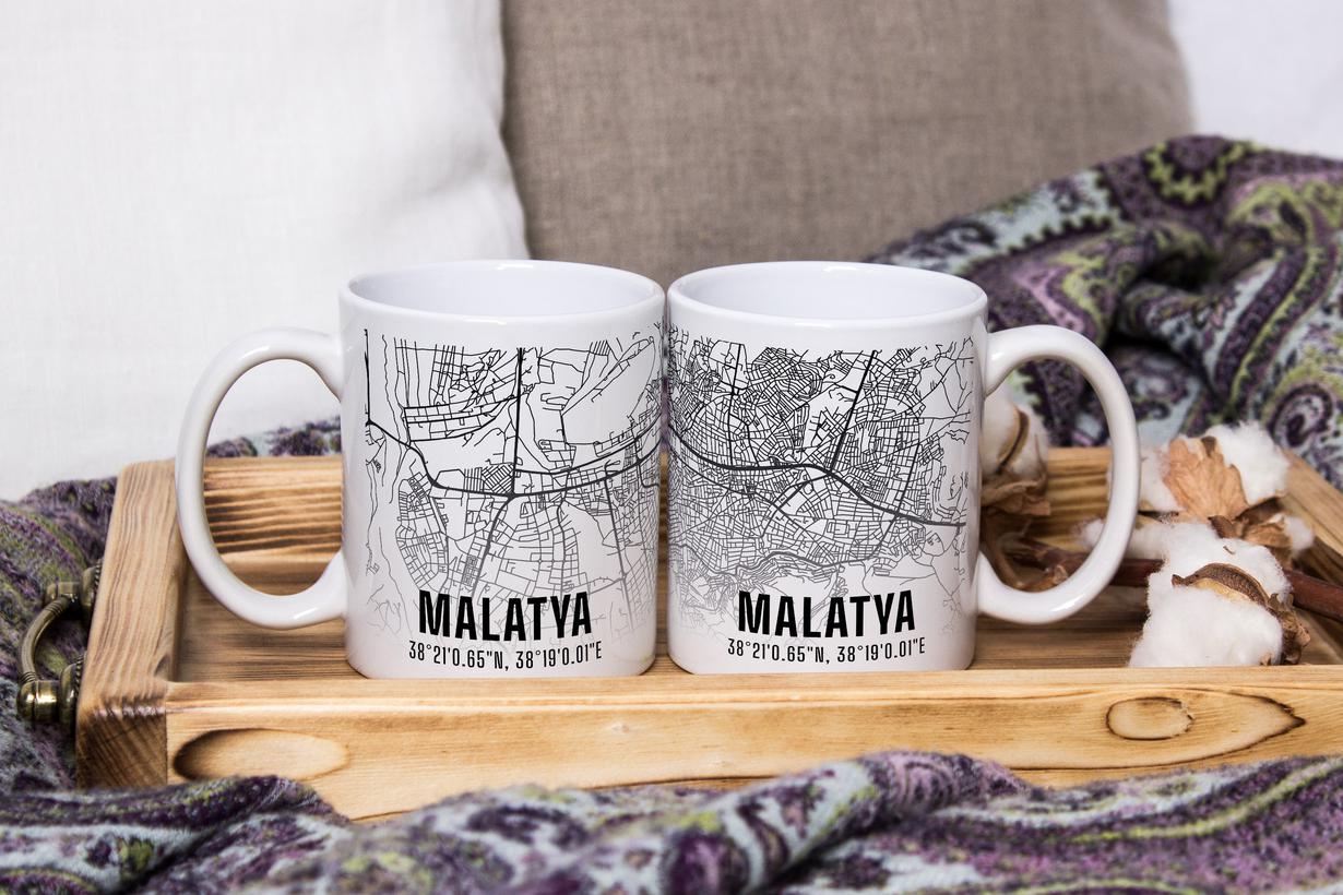 Malatya Şehir Haritası Baskılı Porselen Kupa Bardak