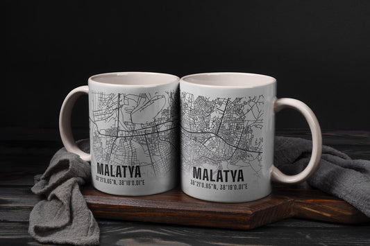 Malatya Şehir Haritası Baskılı Porselen Kupa Bardak