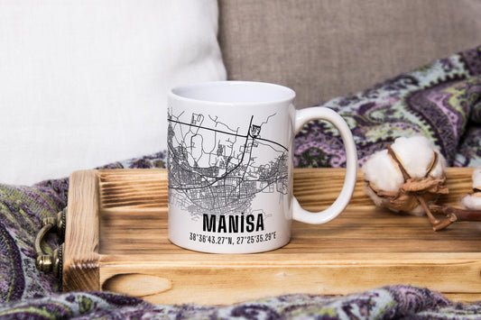 Manisa Şehir Haritası Baskılı Porselen Kupa Bardak