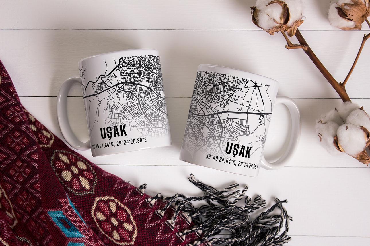 Uşak Şehir Haritası Baskılı Porselen Kupa Bardak