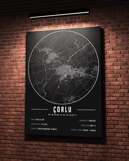 Çorlu temalı kanvas tablo, 50x70 cm, siyah beyaz, ahşap çerçeveli, modern minimalist duvar dekorasyonu için ideal tasarım