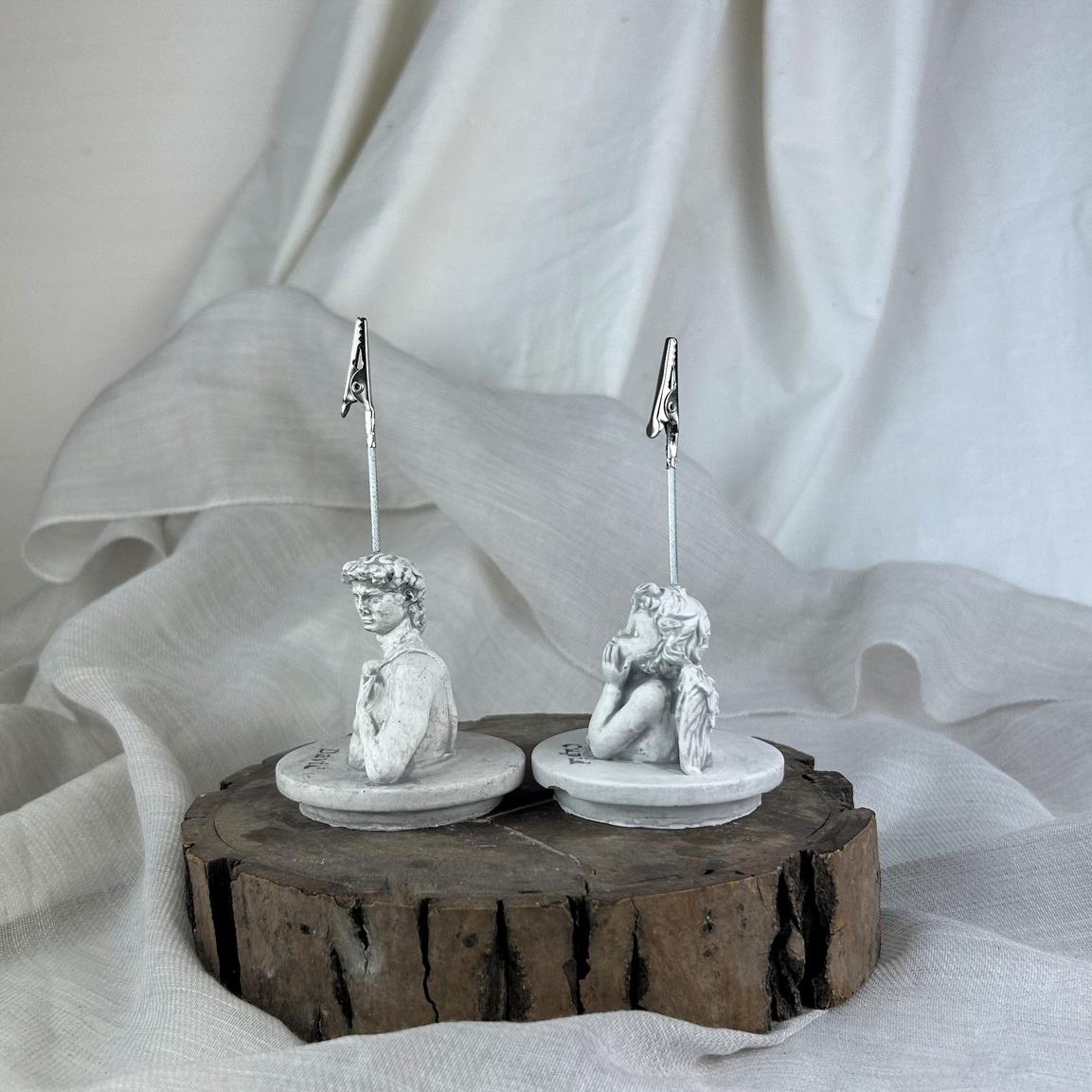 Gri Eskitme David ve Cupid ( Melek ) Kaideli Heykel 2'li Not Tutucu Set