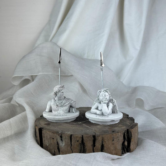 Gri Eskitme Apollo ve Cupid ( Melek ) Kaideli Heykel 2'li Not Tutucu Set