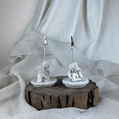 Gri Eskitme Apollo ve Cupid ( Melek ) Kaideli Heykel 2'li Not Tutucu Set