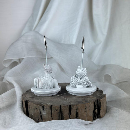 Gri Eskitme Apollo ve Cupid ( Melek ) Kaideli Heykel 2'li Not Tutucu Set