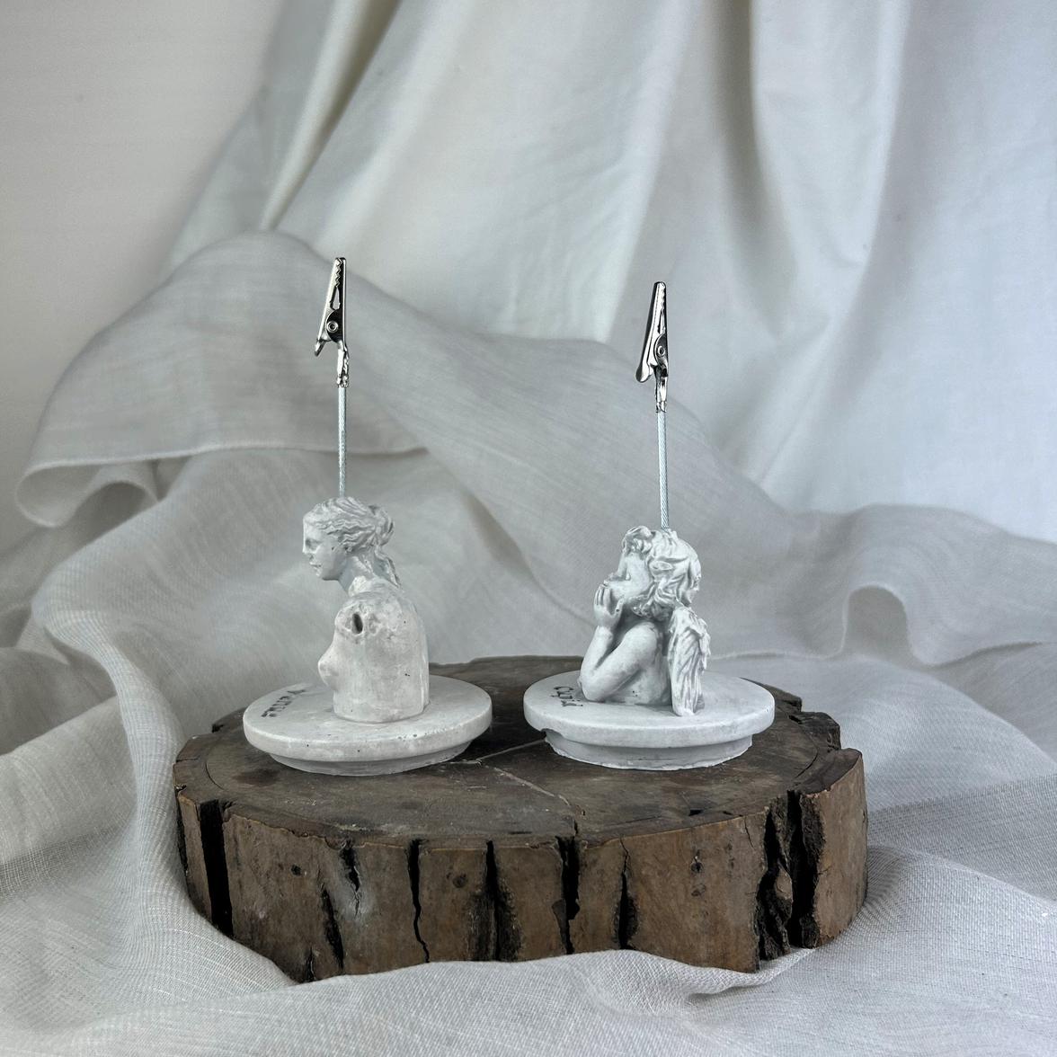 Gri Eskitme Apollo ve Cupid ( Melek ) Kaideli Heykel 2'li Not Tutucu Set