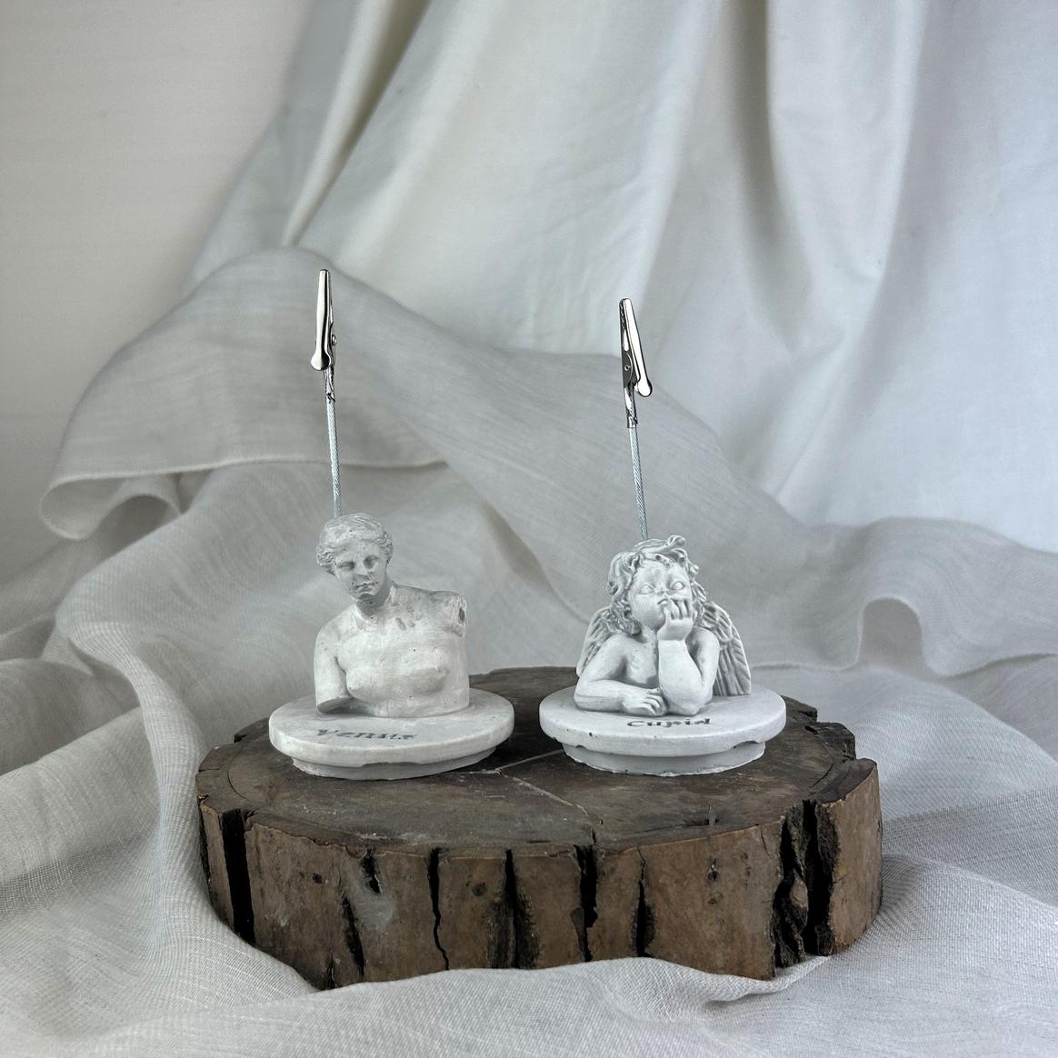 Gri Eskitme Apollo ve Cupid ( Melek ) Kaideli Heykel 2'li Not Tutucu Set