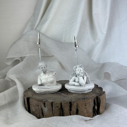 Gri Eskitme Apollo ve Cupid ( Melek ) Kaideli Heykel 2'li Not Tutucu Set
