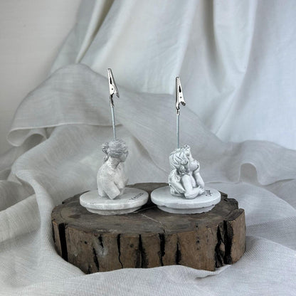 Gri Eskitme Apollo ve Cupid ( Melek ) Kaideli Heykel 2'li Not Tutucu Set
