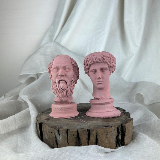 Antik Pembe Hermes ve Socrates 13 cm Büst 2'li Heykel Set Dekoratif Obje