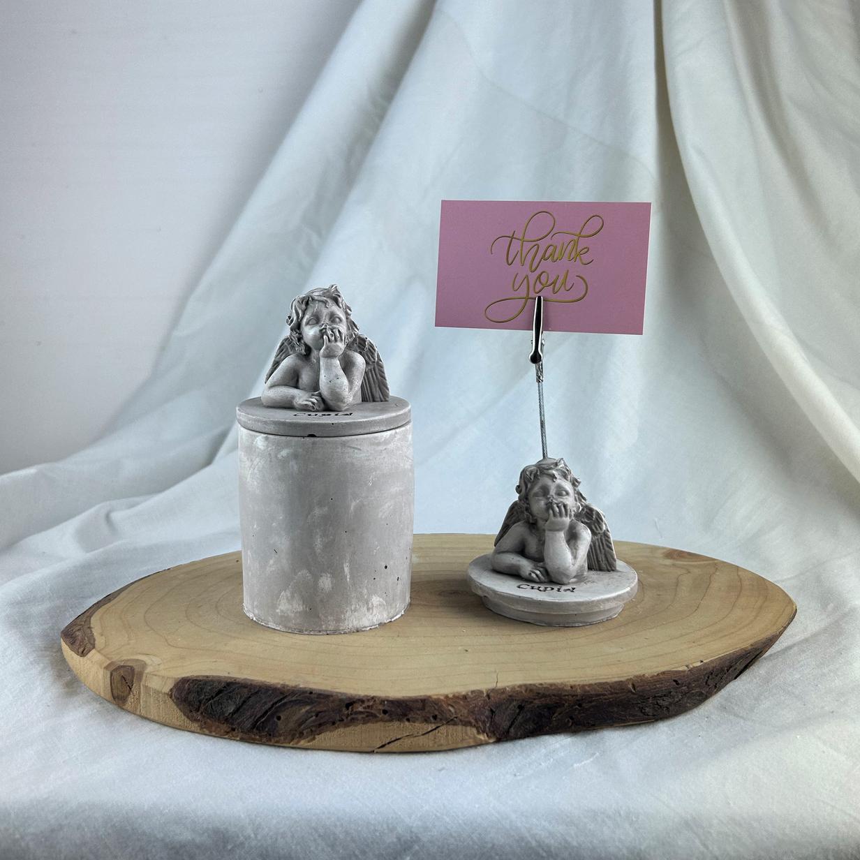 Vizon Eskitme Cupid (Melek) Kapaklı Kutu ve Cupid Kaideli Heykel Not Tutucu 2'li Set