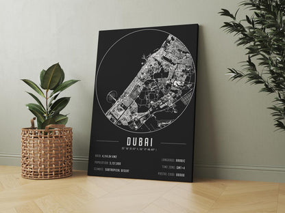 Dubai temalı kanvas tablo, 50x70 cm, siyah beyaz, ahşap çerçeveli, modern minimalist duvar dekorasyonu için ideal tasarım