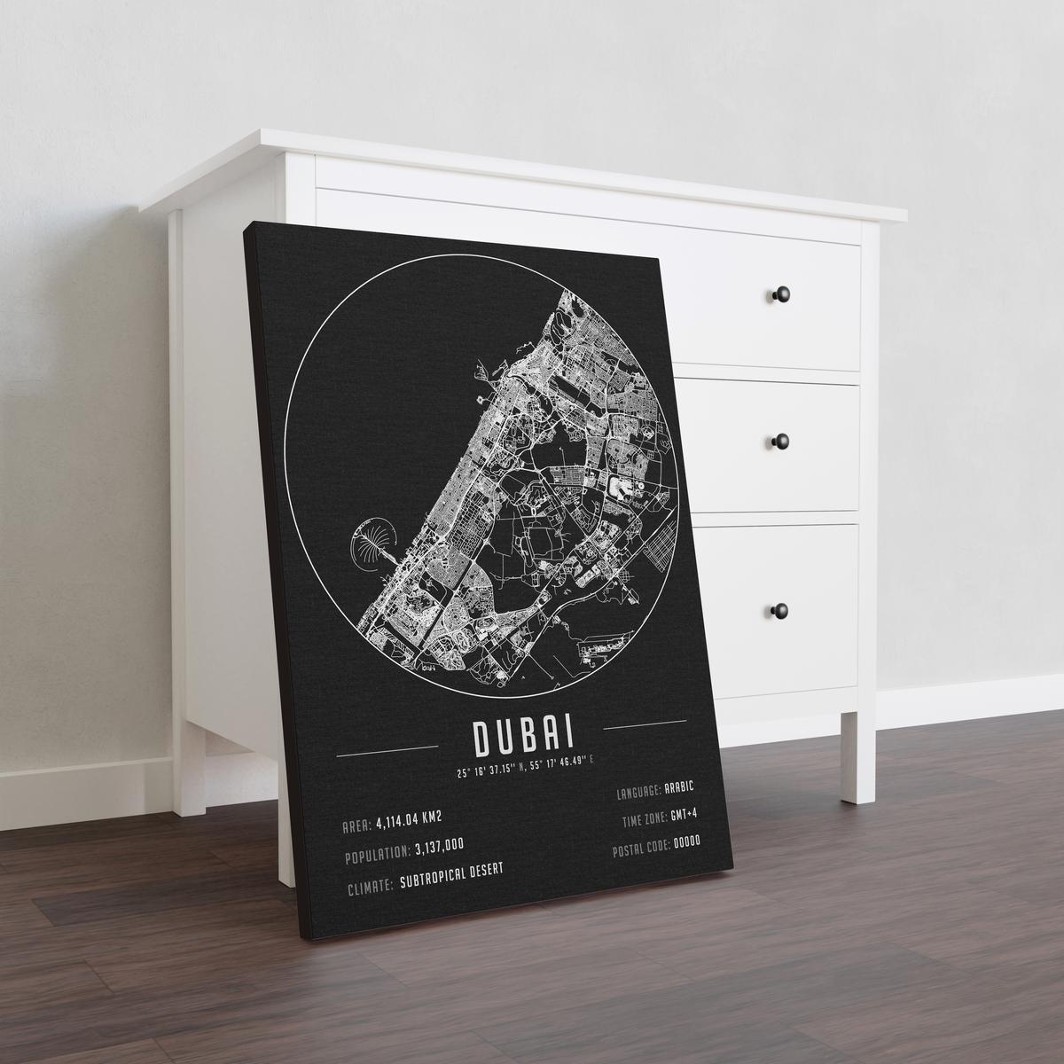 Dubai temalı kanvas tablo, 50x70 cm, siyah beyaz, ahşap çerçeveli, modern minimalist duvar dekorasyonu için ideal tasarım
