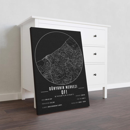 Dünyanın Merkezi Of yazılı kanvas tablo, 50x70 cm, siyah beyaz, çerçeveli modern minimal duvar dekorasyonu için ideal tasarım