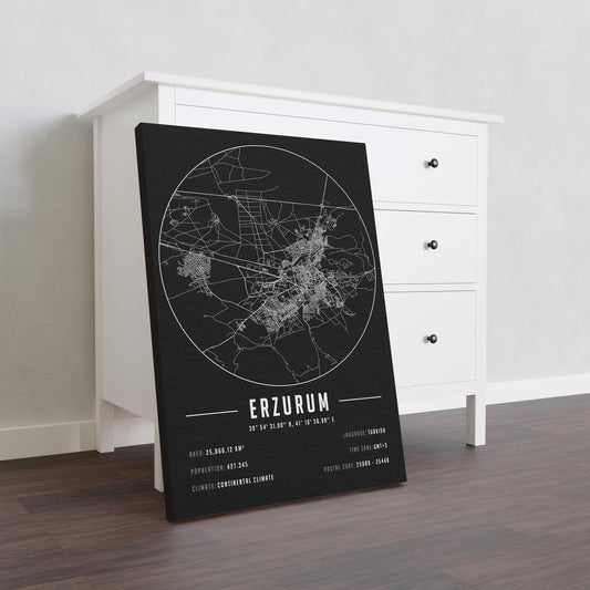 Erzurum temalı kanvas tablo, 50x70 cm, siyah beyaz, ahşap çerçeveli, modern minimalist duvar dekorasyonu için ideal tasarım