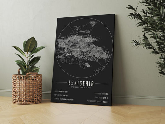 Eskişehir temalı kanvas tablo, 50x70 cm, siyah beyaz, ahşap çerçeveli, modern minimalist duvar dekorasyonu için ideal tasarım