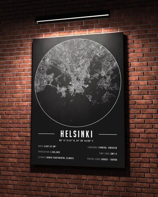 Helsinki temalı kanvas tablo, 50x70 cm, siyah beyaz, ahşap çerçeveli, modern minimalist duvar dekorasyonu için ideal tasarım