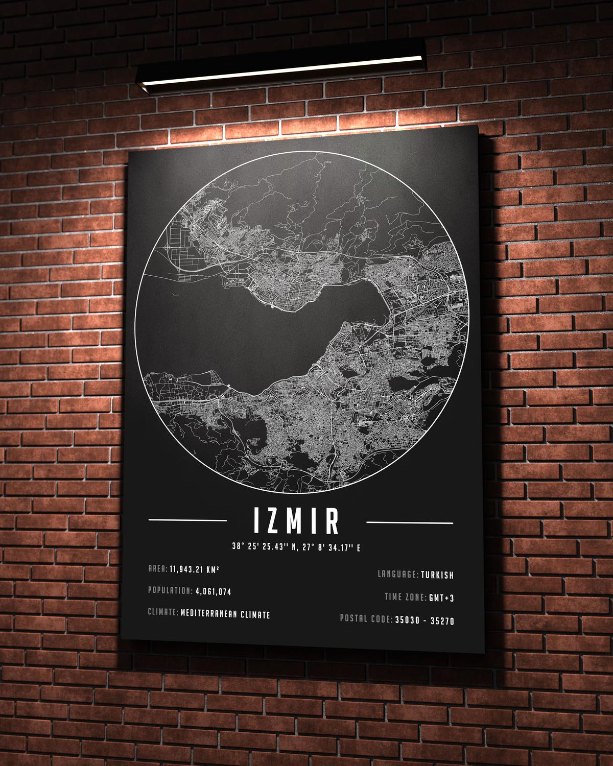 İzmir temalı kanvas tablo, 50x70 cm, siyah beyaz, ahşap çerçeveli, modern minimalist duvar dekorasyonu için ideal tasarım
