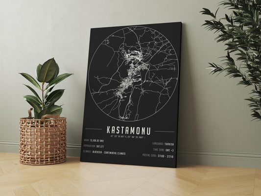 Kastamonu temalı kanvas tablo, 50x70 cm, siyah beyaz, ahşap çerçeveli, modern minimalist duvar dekorasyonu için ideal tasarım