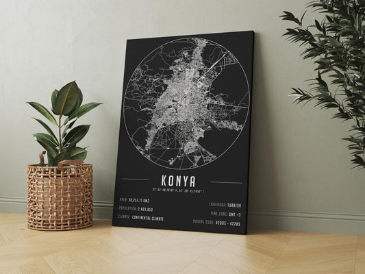 Konya temalı kanvas tablo, 50x70 cm, siyah beyaz, ahşap çerçeveli, modern minimalist duvar dekorasyonu için ideal tasarım