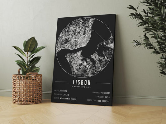 Lisbon temalı kanvas tablo, 50x70 cm, siyah beyaz, ahşap çerçeveli, modern minimalist duvar dekorasyonu için ideal tasarım