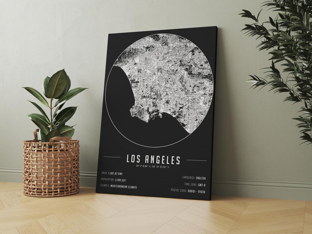 Los Angeles temalı kanvas tablo, 50x70 cm, siyah beyaz, ahşap çerçeveli, modern minimal duvar dekorasyonu için ideal tasarım