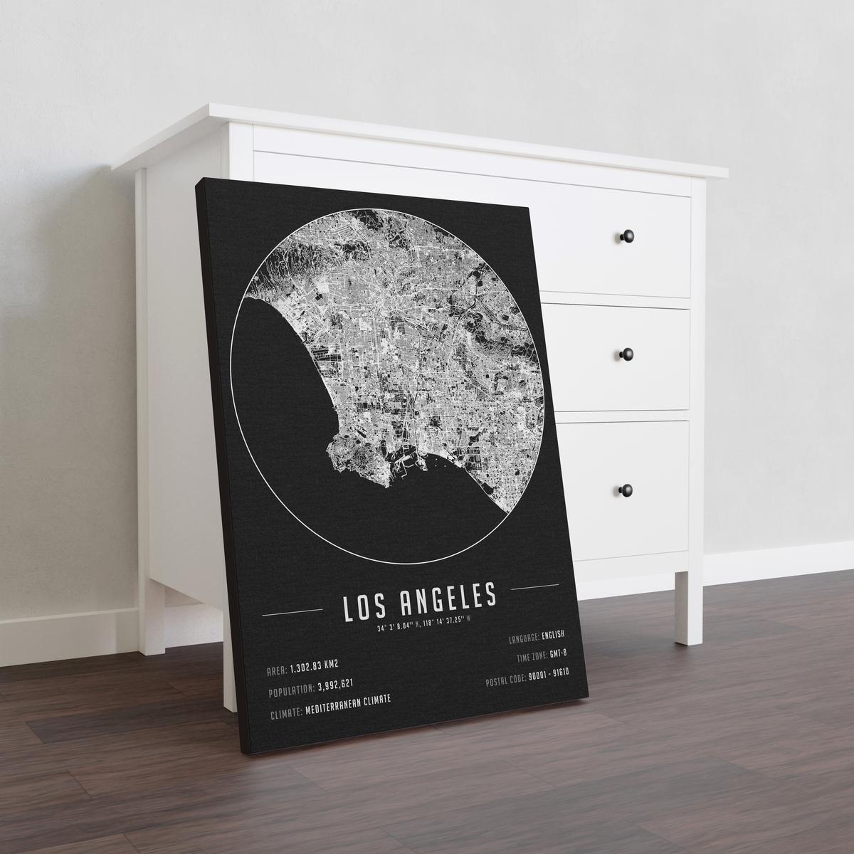 Los Angeles temalı kanvas tablo, 50x70 cm, siyah beyaz, ahşap çerçeveli, modern minimal duvar dekorasyonu için ideal tasarım