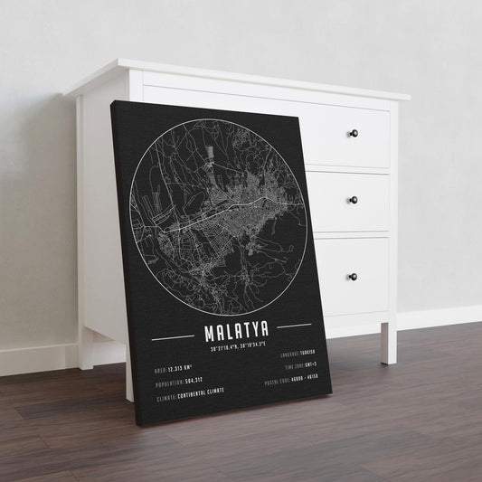 Malatya temalı kanvas tablo, 50x70 cm, siyah beyaz, ahşap çerçeveli, modern minimalist duvar dekorasyonu için ideal tasarım