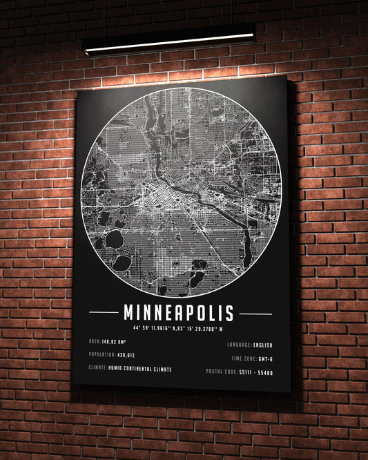 Minneapolis temalı kanvas tablo, 50x70 cm, siyah beyaz, ahşap çerçeveli, modern minimal duvar dekorasyonu için ideal tasarım