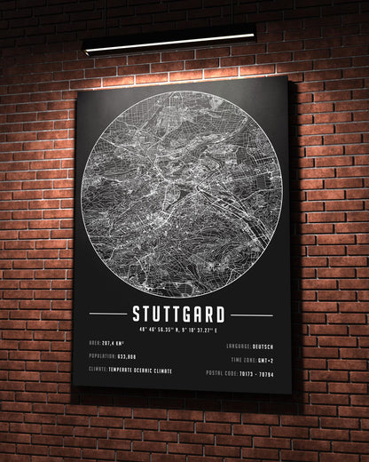 Stuttgard temalı kanvas tablo, 50x70 cm, siyah beyaz, ahşap çerçeveli, modern minimalist duvar dekorasyonu için ideal tasarım