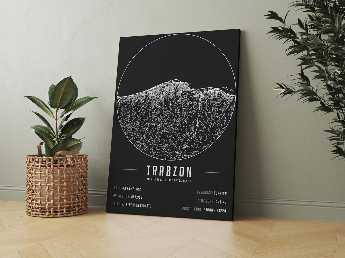Trabzon temalı kanvas tablo, 50x70 cm, siyah beyaz, ahşap çerçeveli, modern minimalist duvar dekorasyonu için ideal tasarım