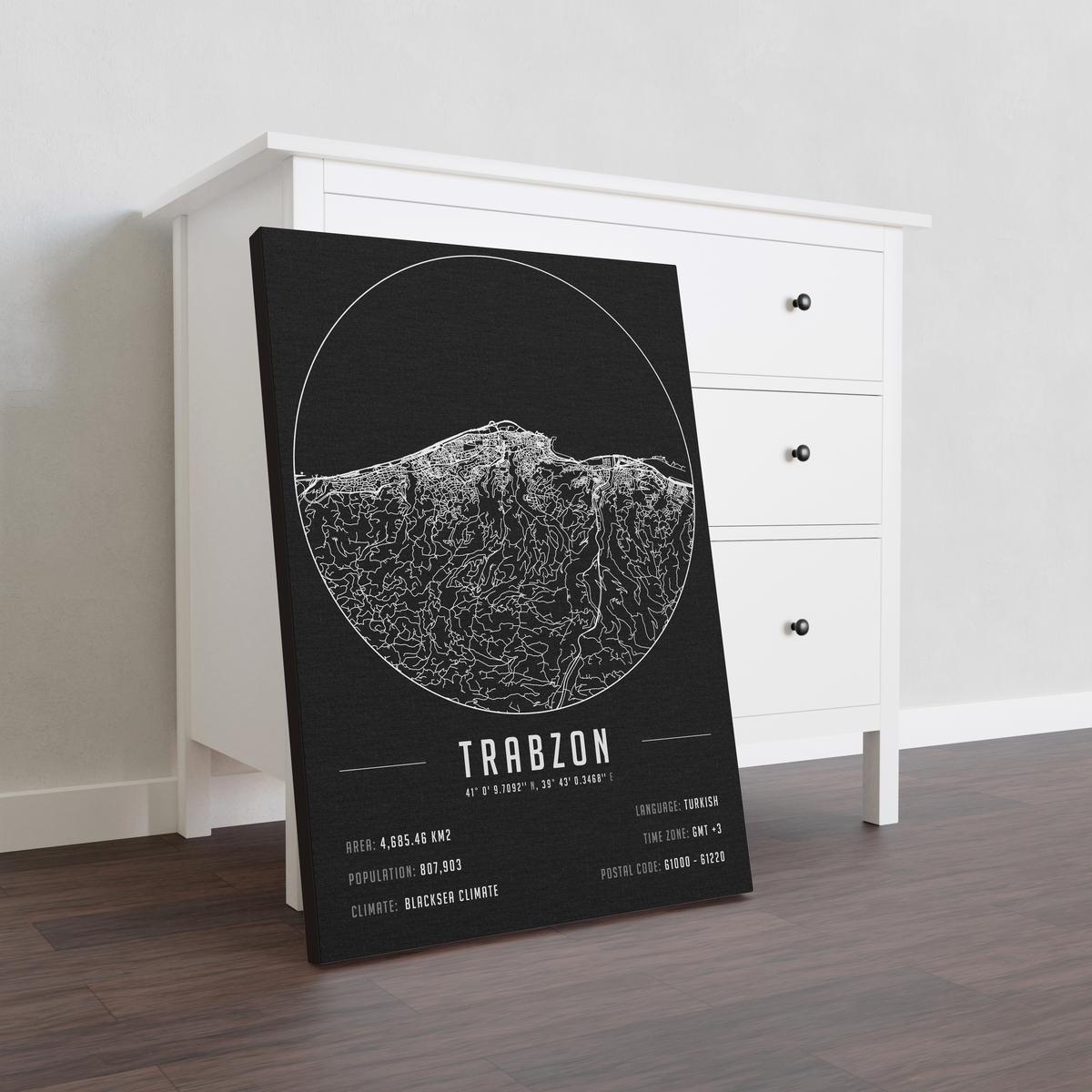 Trabzon temalı kanvas tablo, 50x70 cm, siyah beyaz, ahşap çerçeveli, modern minimalist duvar dekorasyonu için ideal tasarım