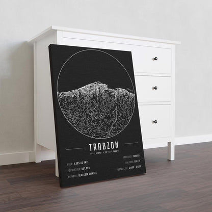 Trabzon temalı kanvas tablo, 50x70 cm, siyah beyaz, ahşap çerçeveli, modern minimalist duvar dekorasyonu için ideal tasarım