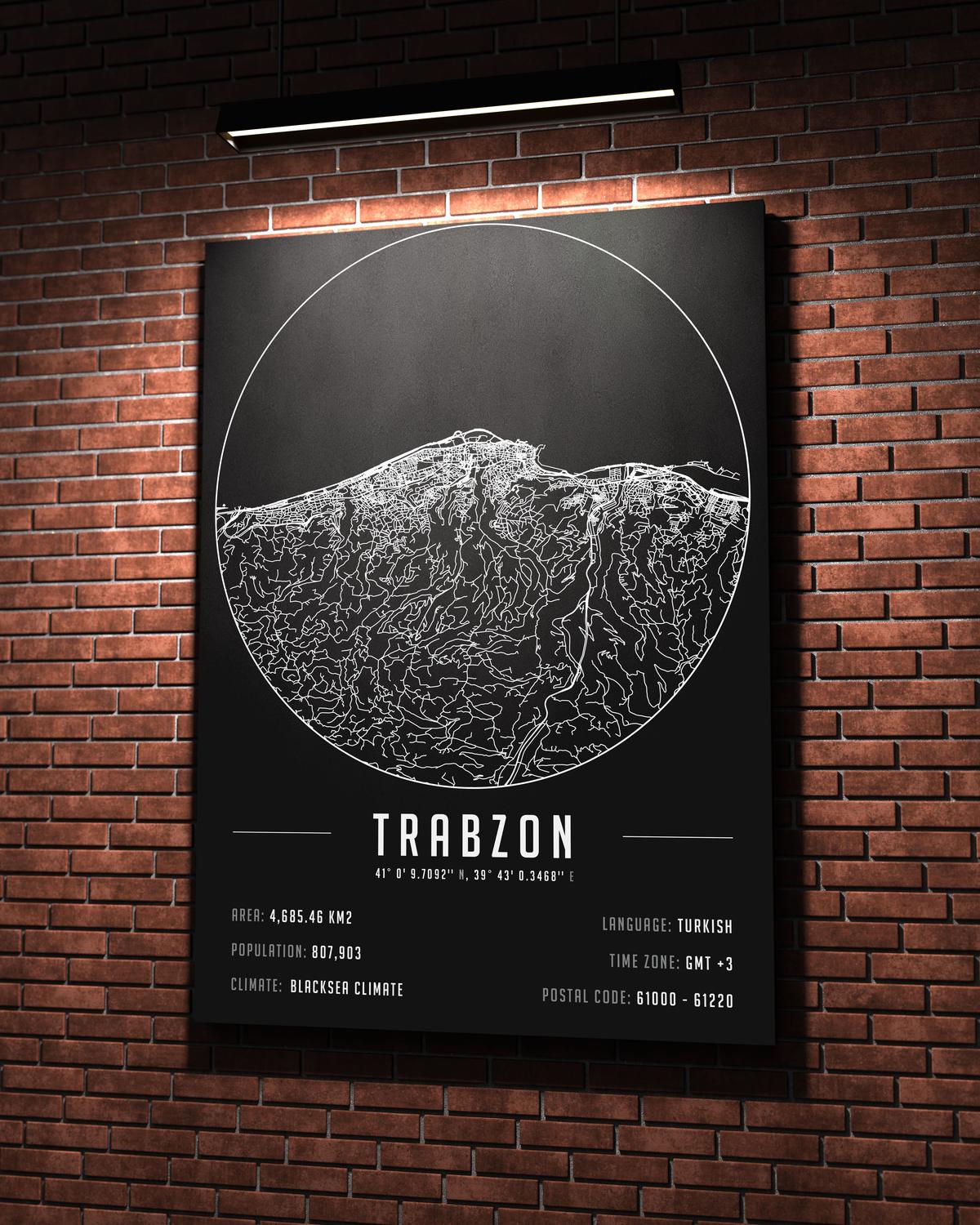 Trabzon temalı kanvas tablo, 50x70 cm, siyah beyaz, ahşap çerçeveli, modern minimalist duvar dekorasyonu için ideal tasarım