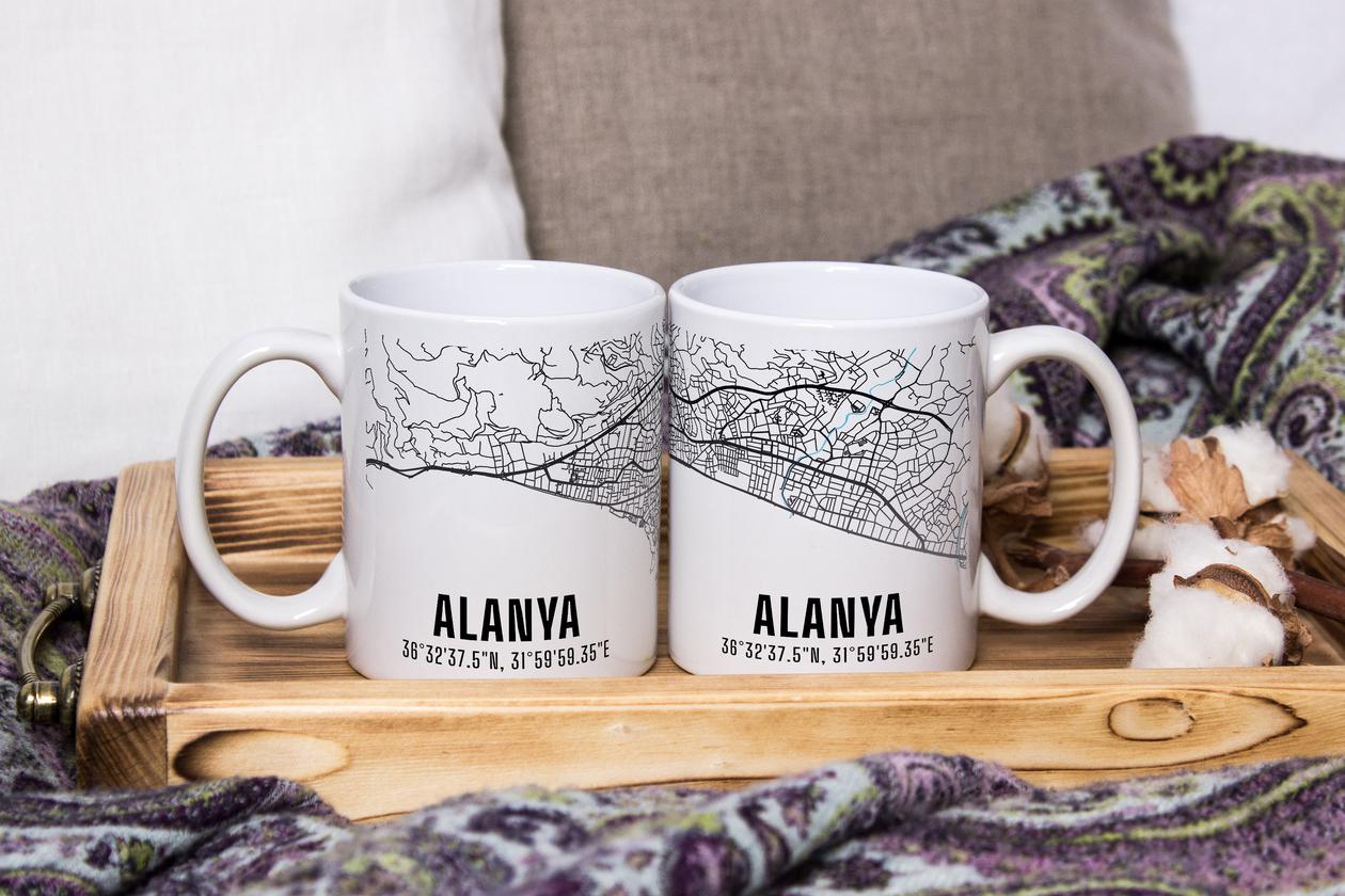 Alanya Şehir Haritası Baskılı Porselen Kupa Bardak