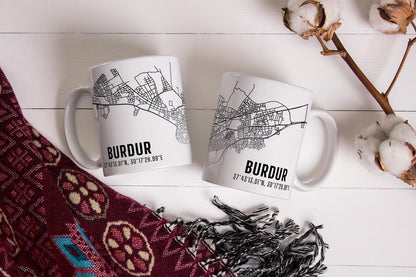 Burdur Şehir Haritası Baskılı Porselen Kupa Bardak