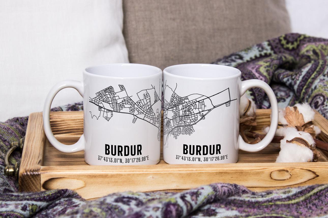 Burdur Şehir Haritası Baskılı Porselen Kupa Bardak